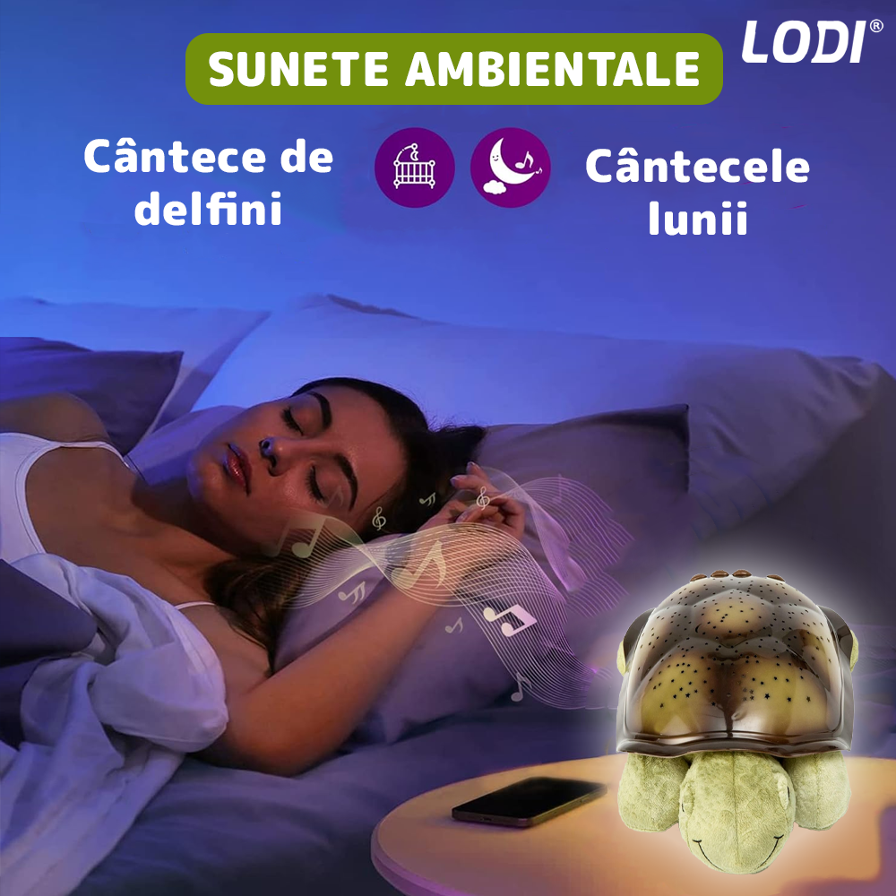 Lampa de Veghe Testoasa Lodi1431, proiector de lumini, 8 constelatii, lumina RBG, 2 cantece de adormit copiii, pufoasa si moale, mod inchidere automata, verde/galben