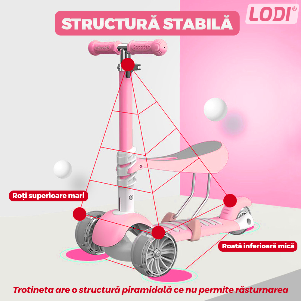Trotineta pentru Copii 2 in 1 Lodi1113, scaunel incorporat, lumini,3 roti, cosulet frontal, anti-aluncare, inaltime ajustabila, stabila, frana, incorporata, 3-11 ani, roz