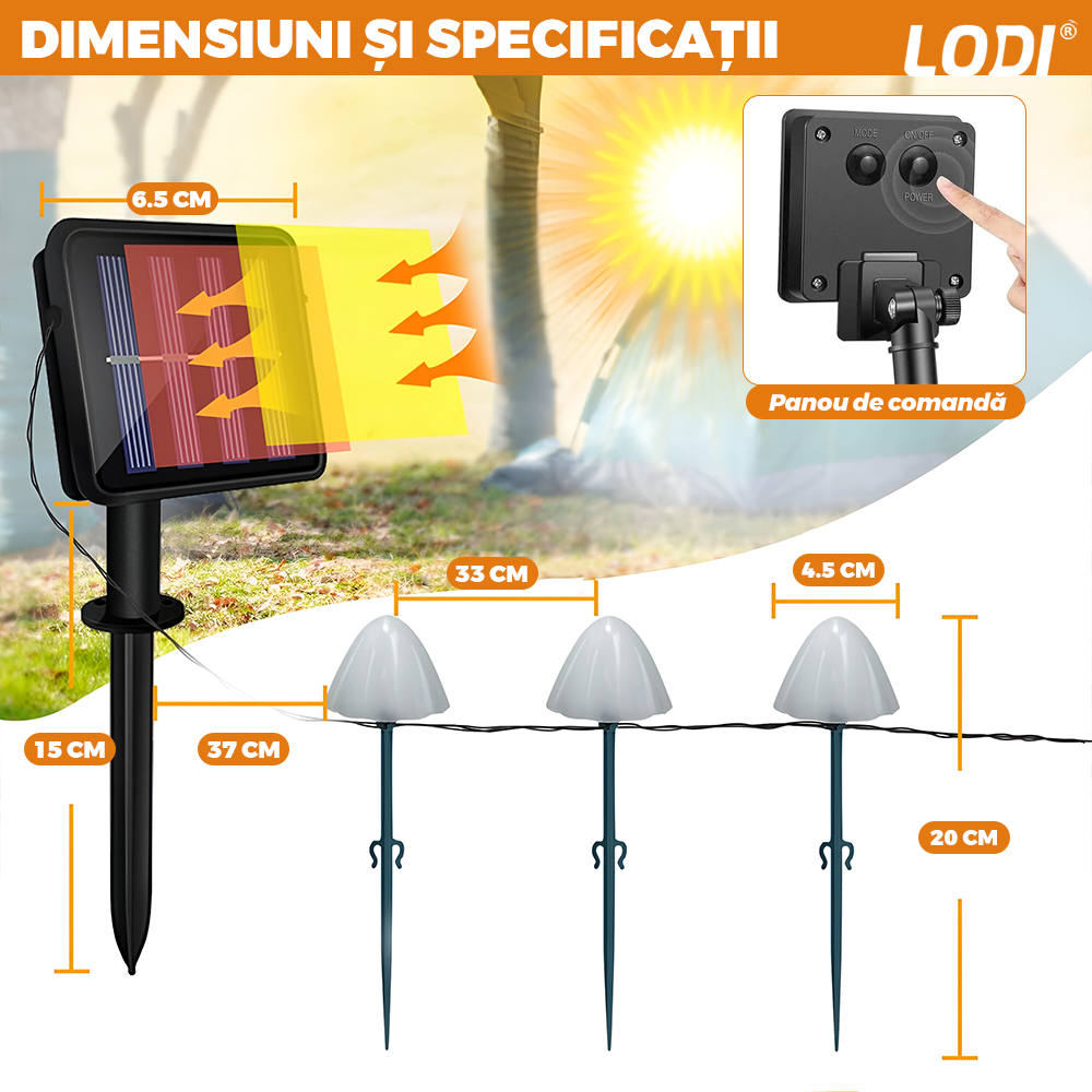 Set 10 Lampi Solare Tip Ciuperca Lodi1261, ghirlanda cu fixare la sol, panou solar, protectie Ip 65,  aspect realistic, becuri LED, 8 moduri de iluminare, alb cald