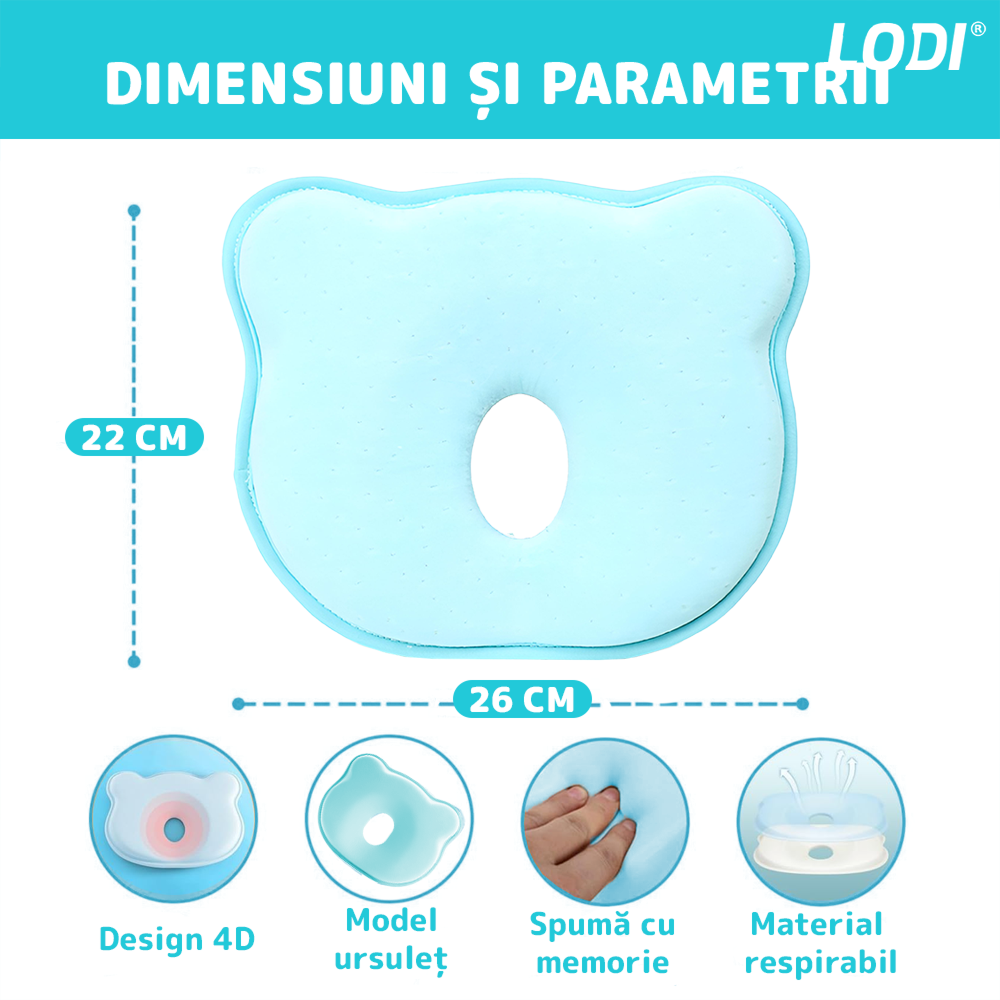 Perna pentru Bebelusi Lodi991, model ursulet, husa de protectie inclusa, spuma cu memorie, anti-plagiocefalie, pentru formarea capului, 26x22 cm, turcoaz
