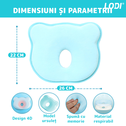 Perna pentru Bebelusi Lodi991, model ursulet, husa de protectie inclusa, spuma cu memorie, anti-plagiocefalie, pentru formarea capului, 26x22 cm, turcoaz