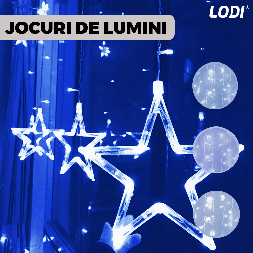 Instalatie de Craciun Tip Perdea Lodi1447, 3x3 m, model stelute, 8 jocuri de lumini, alimentare la priza, fir transparent, interior/exterior, rezistenta la apa, 12 figurine, alb rece