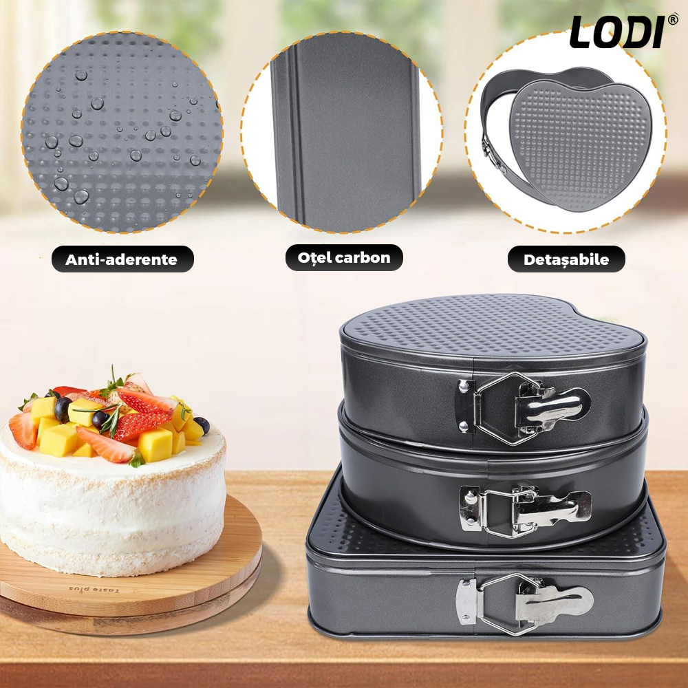 Set 3 Tavi pentru Copt Lodi1073, forma inima/cerc/patrat, baza detasabila, antiaderente, rezistente, usor de curatat, 24/26/28 cm, negru