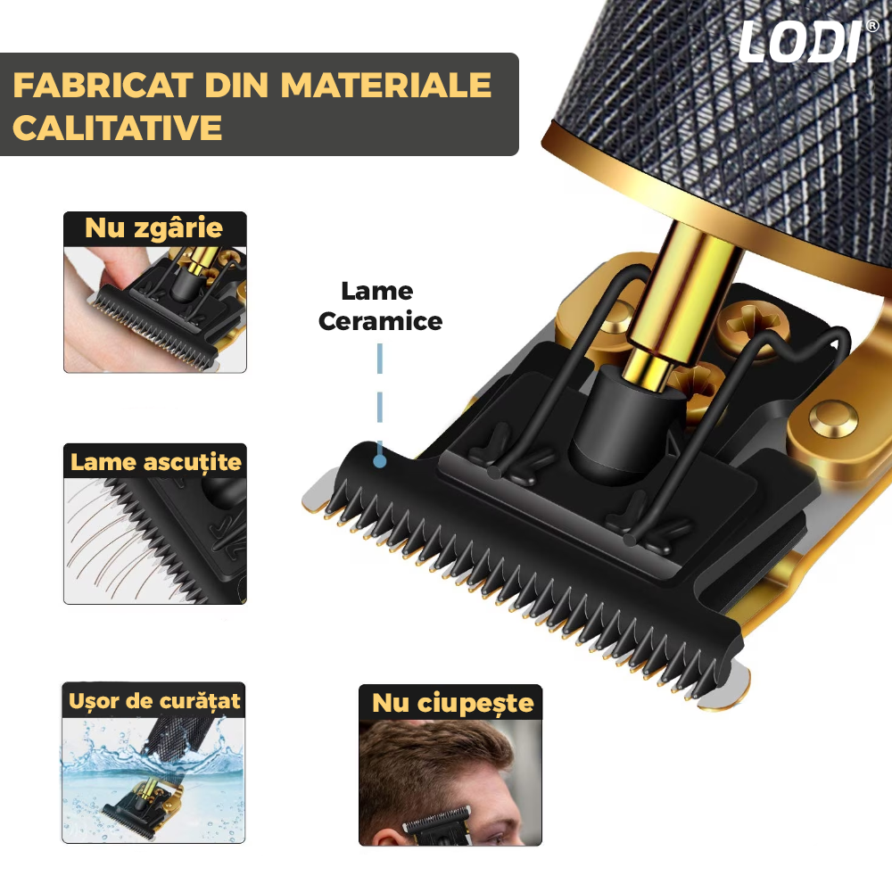 Aparat de tuns si masina de ras barba Lodi595, 4 piepteni inclusi, acumulator, lame ascutite, usor de curatat, trimmer profesional, negru