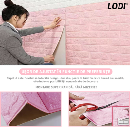 Set Tapet Caramida 3D Lodi53, suprafata acoperire 5.3 mp, autoadeziv, waterproof, usor de montat, design modern, 70x77 cm, roz