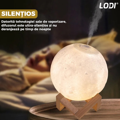 Difuzor Aromaterapie 2in1 Lodi1307, 3 moduri de iluminare, capacitate 880ml, lampa de veghe, silentios, alimentare USB, model luna, umidifica aerul, alb