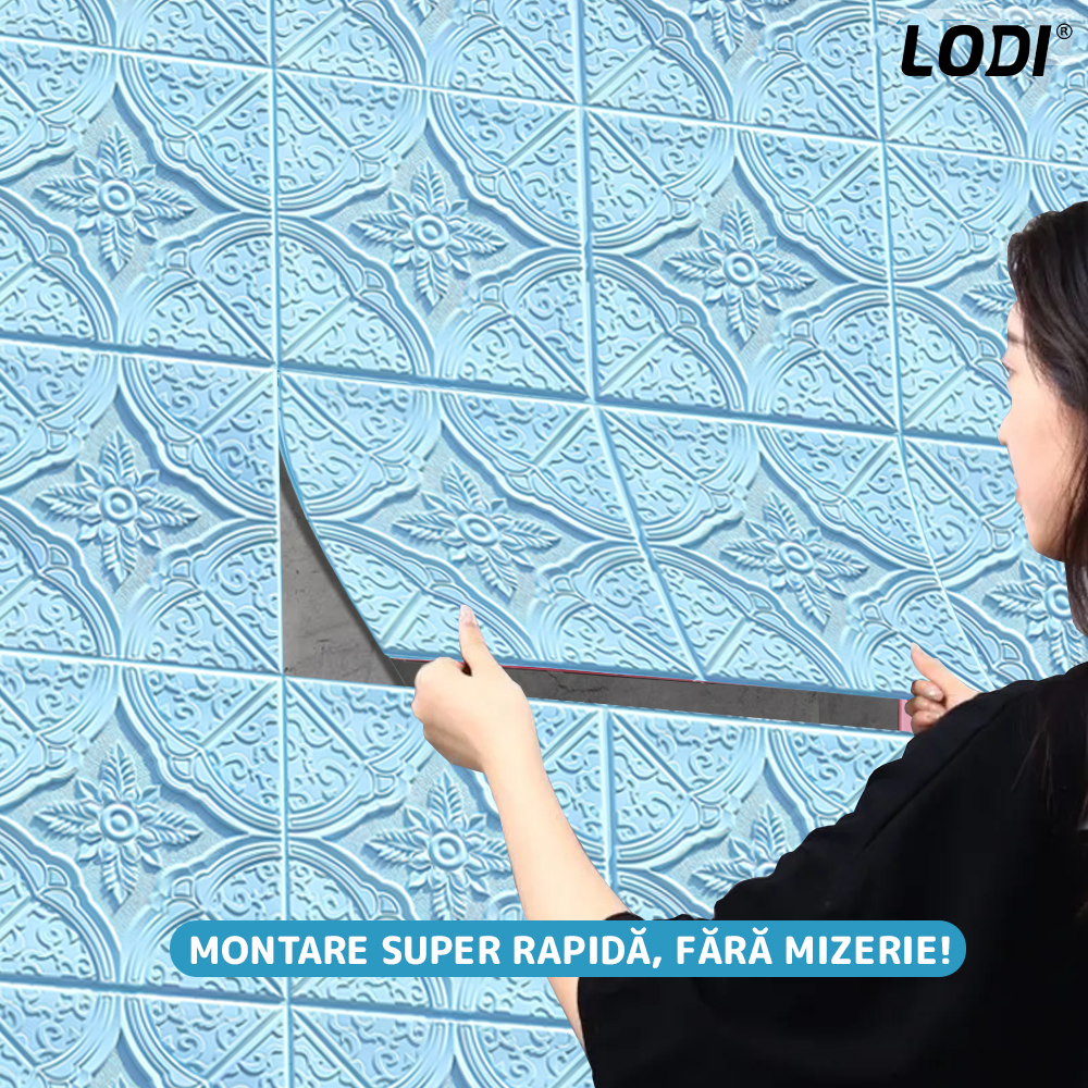 Set 10x Tapet 3D Lodi794, suprafata acoperire 4.9 mp, autoadeziv, Model Floral Diamant, perete/tavan, waterproof, usor de montat, design modern, 70x70 cm, albastru