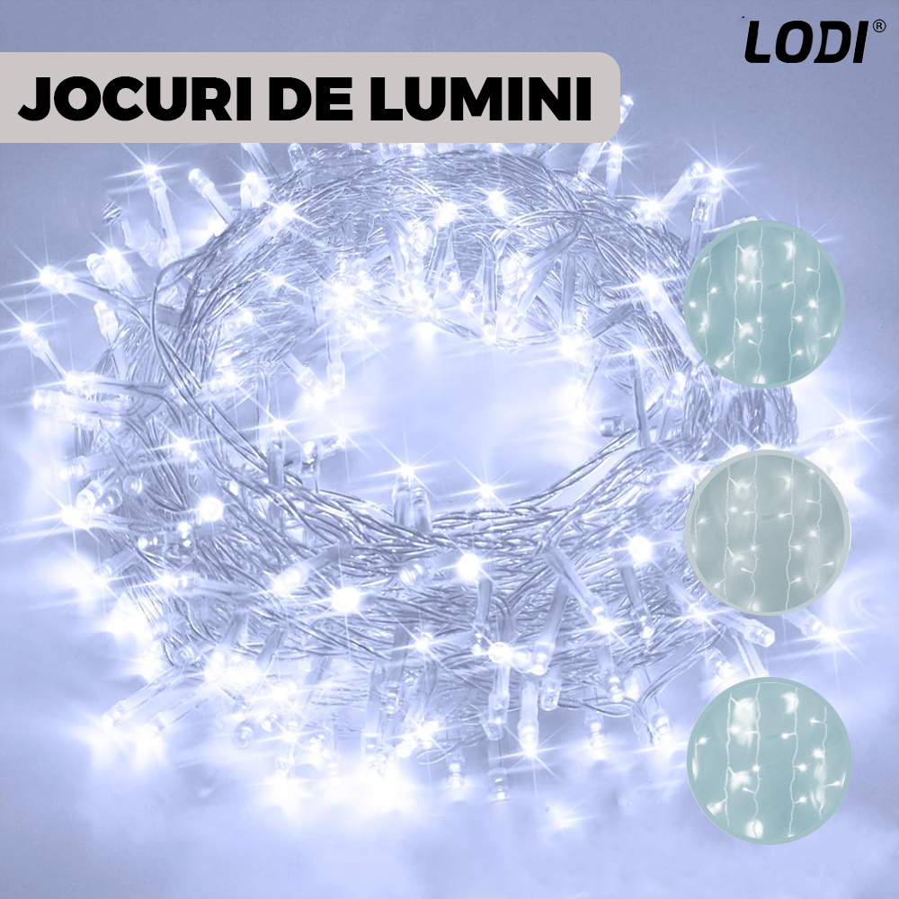Instalatie de Craciun Perdea Lodi1440, 3x3 m, 8 jocuri de lumini, alimentare la priza, fir alb, interior/exterior, rezistenta la apa, 300 LED-uri, alb rece