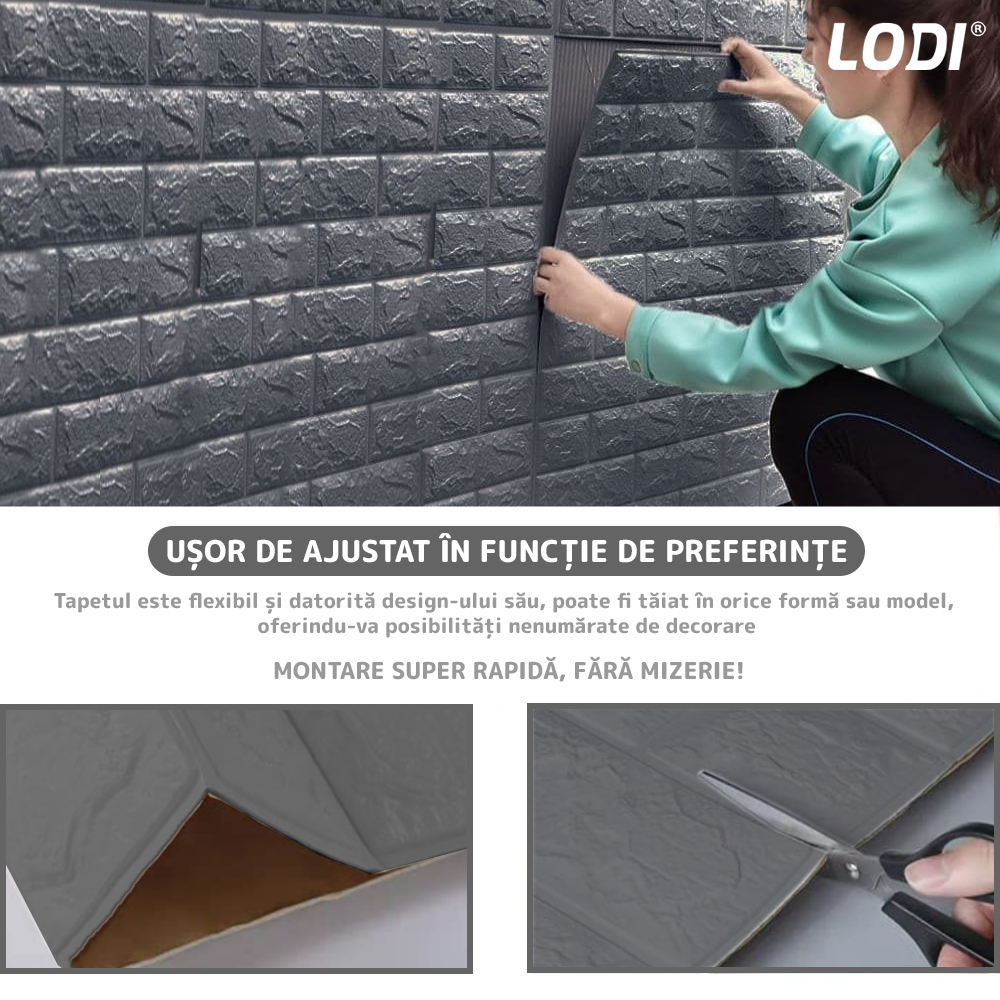 Set Tapet Caramida 3D Lodi56, suprafata acoperire 5.3 mp, autoadeziv, waterproof, usor de montat, design modern, 70x77 cm, gri