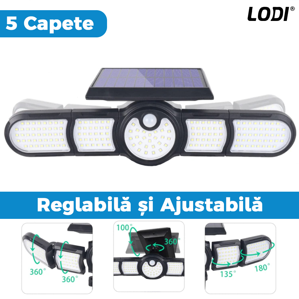 Lampa Solara 172 LED-uri Lodi265, 5 Capete, senzor de miscare, 3 moduri de iluminare, protectie IP65, Waterproof, exterior, negru