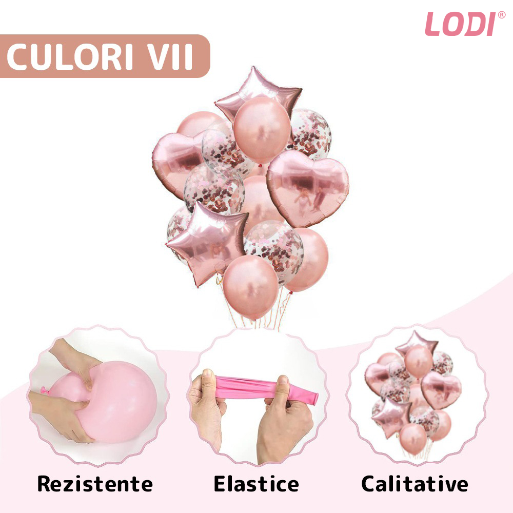 Set 14 Baloane Lodi304, Confeti, pentru Petreceri/Aniversari/Evenimente, Stea/Inima/Rotunde, 3 culori, latex, roze gold
