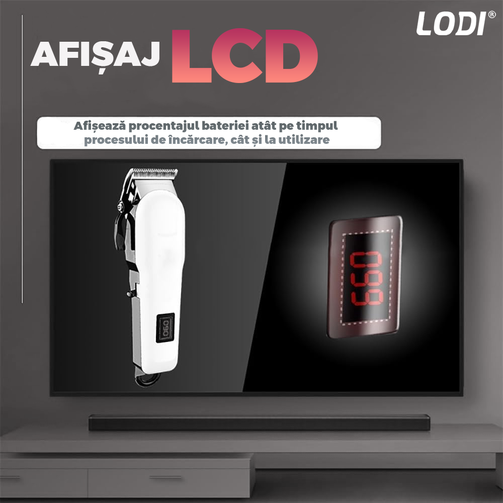 Aparat de tuns barba Lodi979, afisaj digital, 4 piepteni inclusi, incarcare la retea, lame ascutite, usor de curatat, trimmer profesional, alb