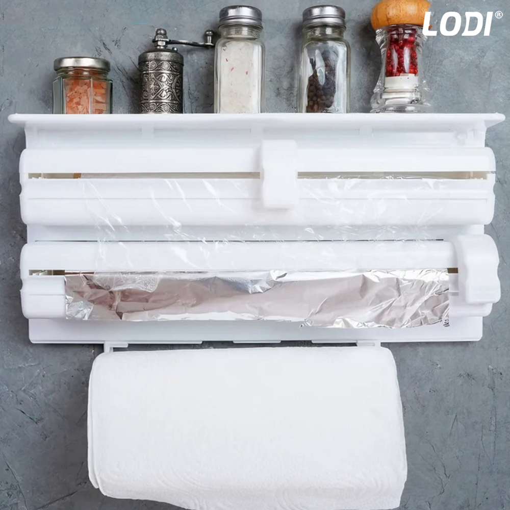 Dispenser de Bucatarie Multifunctional Lodi1491, 4 in 1, pentru folie alimentara/ folie de aluminiu/ hartie de copt si servetele, rezistent, montare usoara cu suruburi, compatibil cu diverse dimensiuni de role, alb