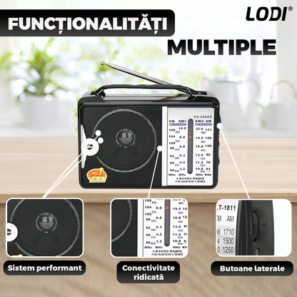 Radio Portabil Lodi1418, FM/AM/SW1/SW2, mod dual de alimentare, baterii/la priza, receptie ridicata ce prinde posturi regionale/la sate, negru