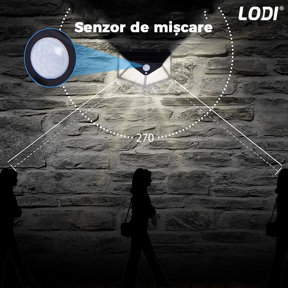 Lampa Solara 100 LED-uri Lodi63, senzor de miscare, 3 moduri de iluminare, protectie IP65, Waterproof, exterior, negru