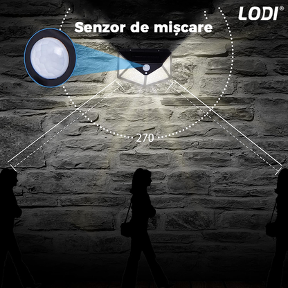 Lampa Solara 100 LED-uri Lodi63, senzor de miscare, 3 moduri de iluminare, protectie IP65, Waterproof, exterior, negru