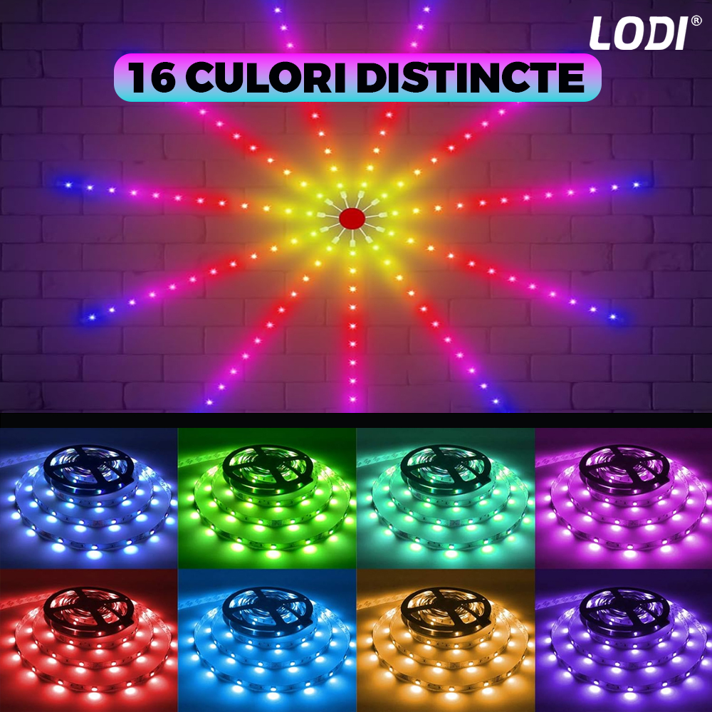 Kit Banda LED RGB Lodi420, model artificii, inteligenta cu intensitate de lumina si culori reglabile, control prin telecomanda cu 24 taste si aplicatie telefonica, 5050RGB, utilizare exterior IP65, 10 m, multicolora