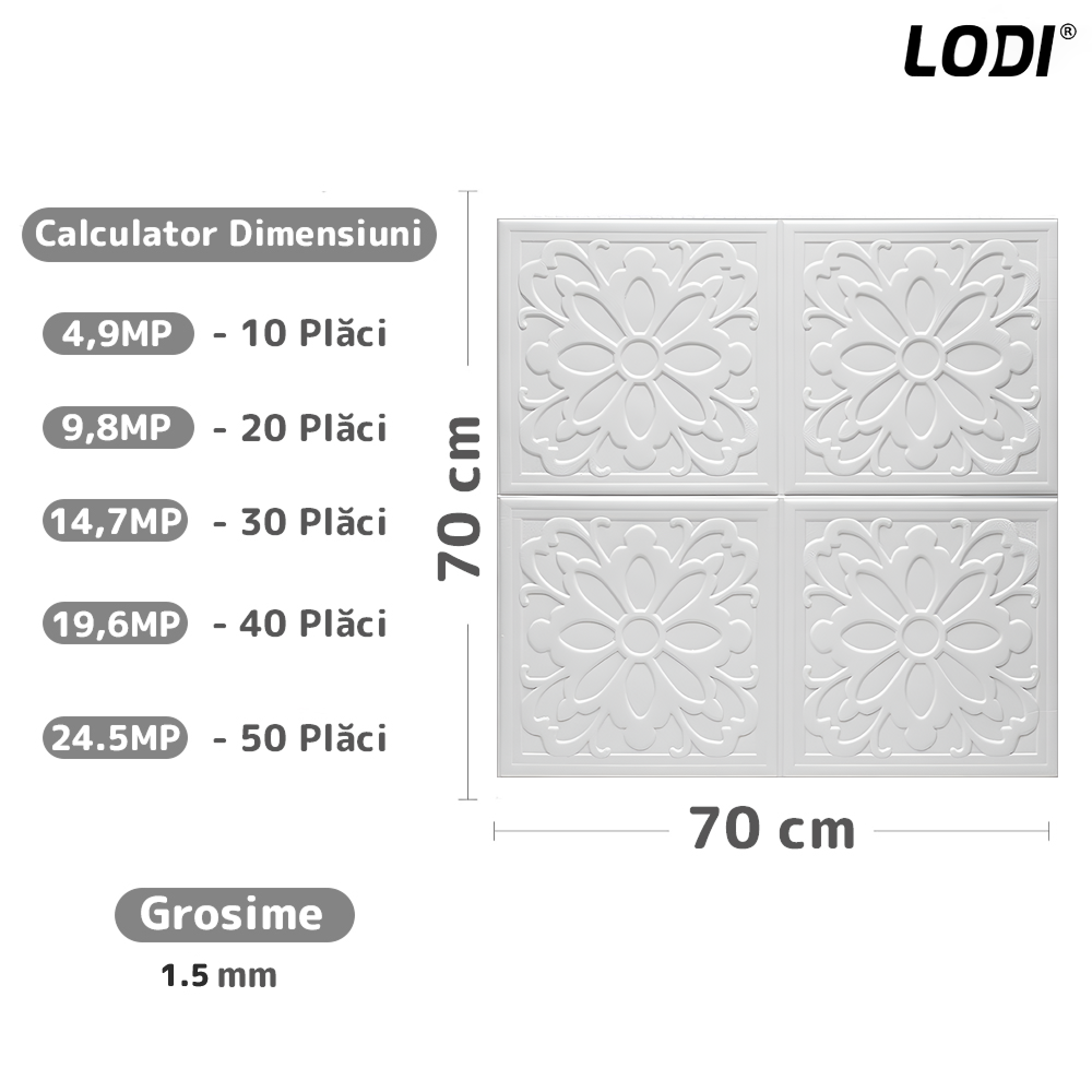 Set 10x Tapet 3D Lodi837, suprafata acoperire 4.9 mp, autoadeziv, Model Floare Patrat, perete/tavan, waterproof, usor de montat, design modern, 70x77 cm, alb