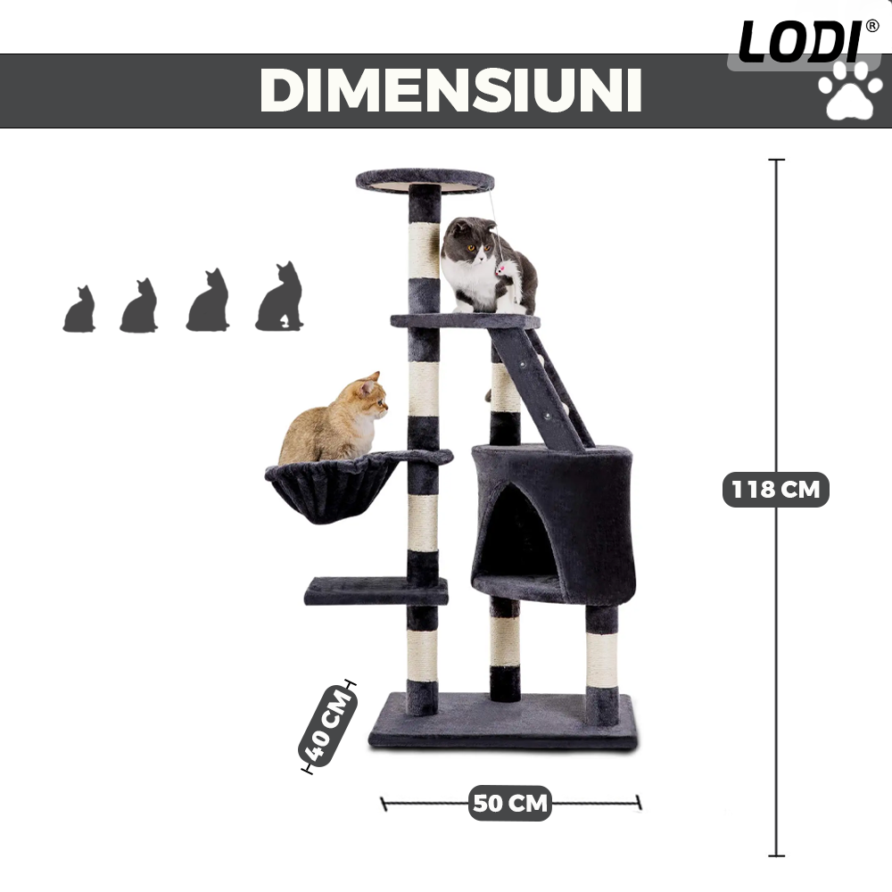 Ansamblu de Joaca pentru Pisici Lodi631, tip turn, 1 platforma de observatie, 4 niveluri, 1 casuta, scara, franghie si mingiute de joaca, stalpi pentru zgariat, captuseala extra moale, structura stabila, 118 cm, gri inchis