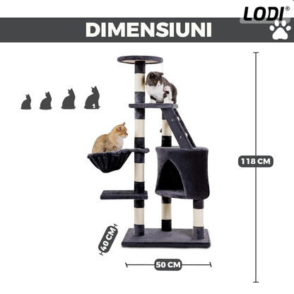 Ansamblu de Joaca pentru Pisici Lodi631, tip turn, 1 platforma de observatie, 4 niveluri, 1 casuta, scara, franghie si mingiute de joaca, stalpi pentru zgariat, captuseala extra moale, structura stabila, 118 cm, gri inchis
