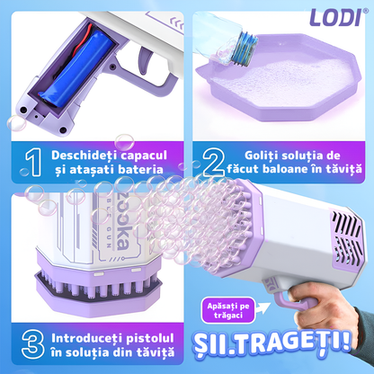 Pistol de Facut Baloane Bubble Gun Lodi1215, tip Bazooka, automat, 34 orificii pentru bule, alimentare cu baterii, mov/alb