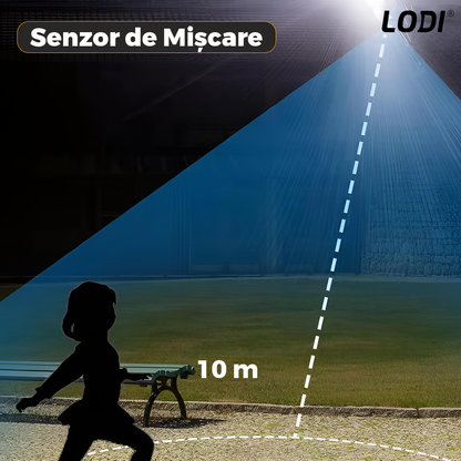 Lampa Solara Stradala 168 LED-uri Lodi871, rotunda, control prin telecomanda, senzor de miscare, 3 moduri de iluminare, protectie IP65, Waterproof, exterior, negru