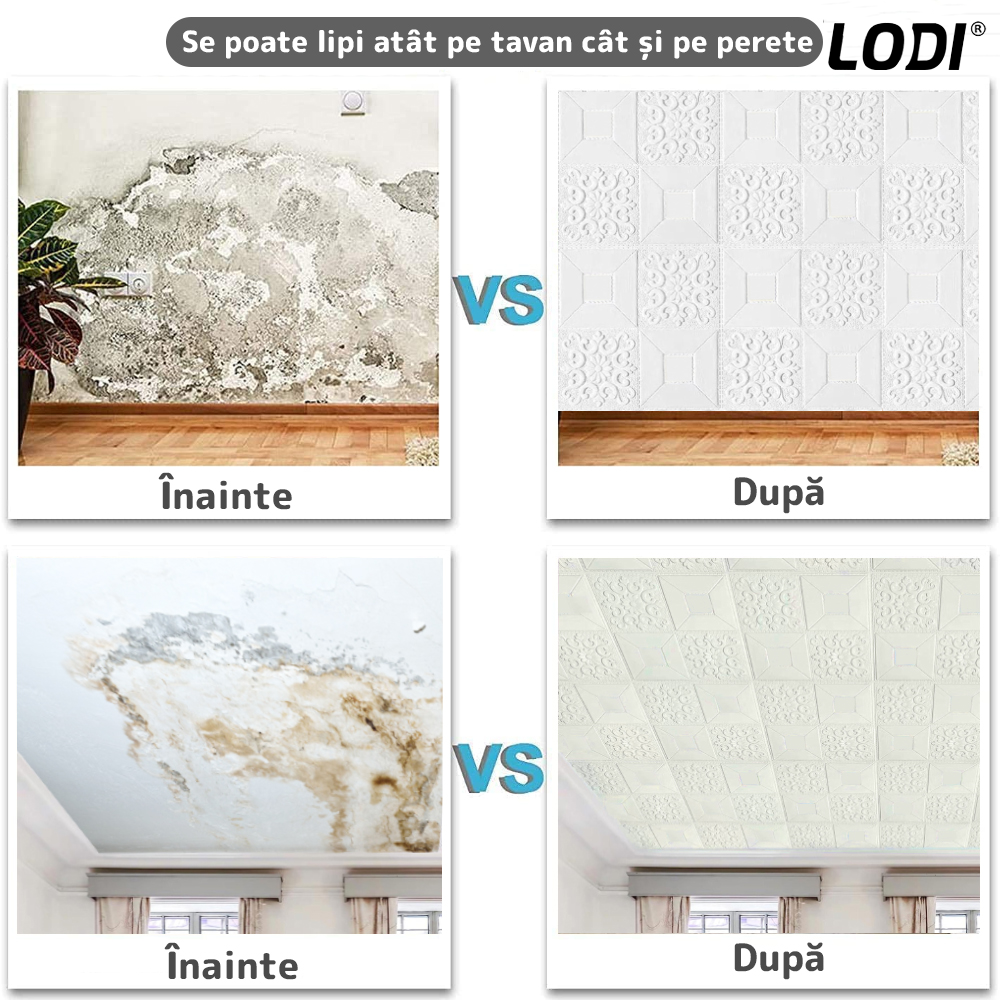 Set Tapet Mic 3D Lodi108, suprafata acoperire 3.06 mp, autoadeziv, perete/tavan, waterproof, usor de montat, design modern, 35x35 cm, alb