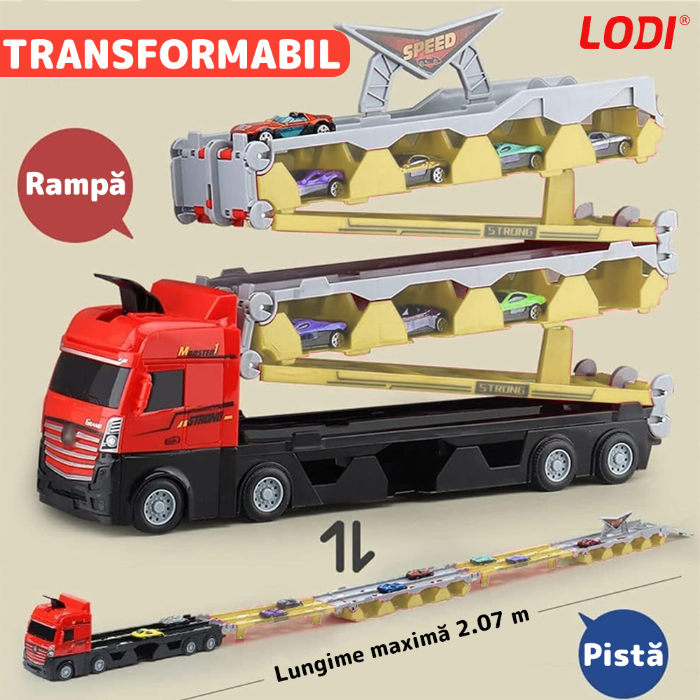 Set Camion Trailer de Jucarie pentru Transport Masinute de Curse Lodi530, tir si 8 masini, catapultare vehicule, platforma si pista de curse, prelungire 2.07 m, rosu