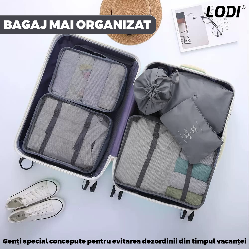 Set 8 Organizatoare Lodi673, pentru calatorie, diferite marimi, 3 genti cu plasa, 1 geanta pentru lenjerie, geanta pentru cosmetice, sac pentru hainele murdare, inchidere cu fermoar dublu, plasa, gri