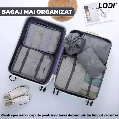 Set 8 Organizatoare Lodi673, pentru calatorie, diferite marimi, 3 genti cu plasa, 1 geanta pentru lenjerie, geanta pentru cosmetice, sac pentru hainele murdare, inchidere cu fermoar dublu, plasa, gri