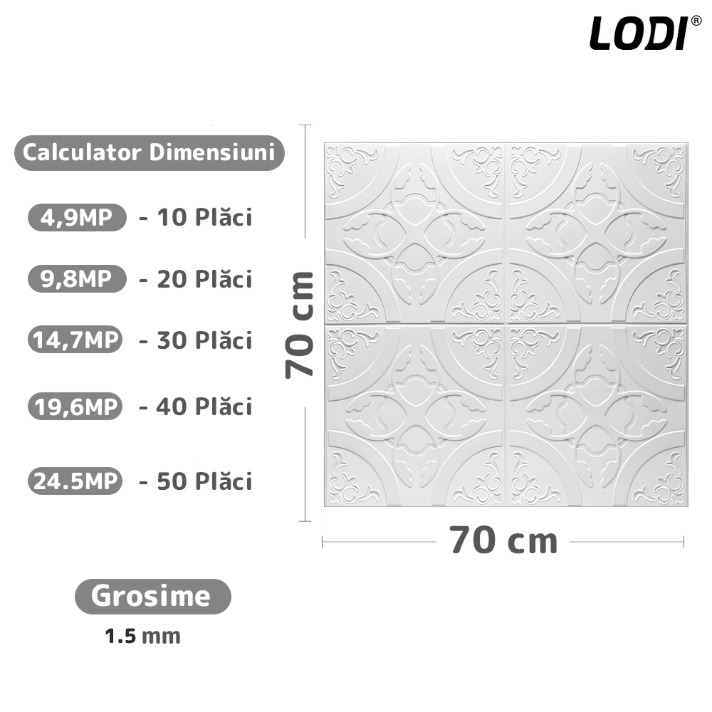 Set 10x Tapet 3D Lodi822, suprafata acoperire 4.9 mp, autoadeziv, Model Floral Cerc, perete/tavan, waterproof, usor de montat, design modern, 70x77 cm, alb