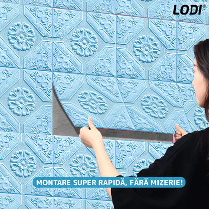Set 10x Tapet 3D Lodi784, suprafata acoperire 4.9 mp, autoadeziv, Model Floral Carou, perete/tavan, waterproof, usor de montat, design modern, 70x70 cm, albastru