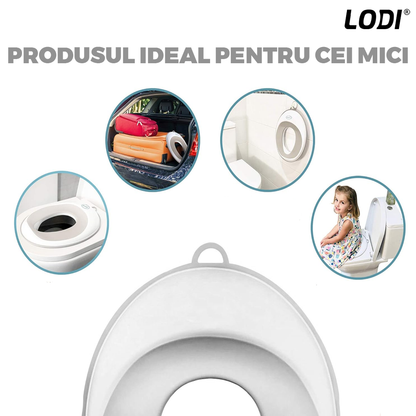 Reductor WC Copii Lodi648, suprafata antiderapanta, confortabil, protectie impotriva stropilor, compatibilitate universala, inel de prindere, portabil, alb/gri