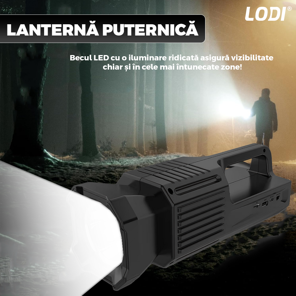 Radio Portabil cu Incarcare Solara Lodi1419, lanterna incorporata, panou solar rezistent, protectie waterproof Ipx5, 3 porturi de incarcare, conectivitate Bluetooth, speaker, 32 x 11 cm, negru