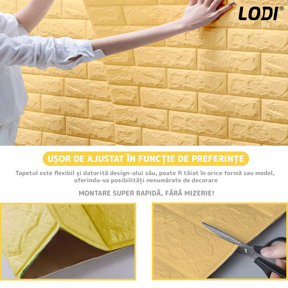 Set Tapet Caramida 3D Lodi55, suprafata acoperire 5.3 mp, autoadeziv, waterproof, usor de montat, design modern, 70x77 cm, portocaliu