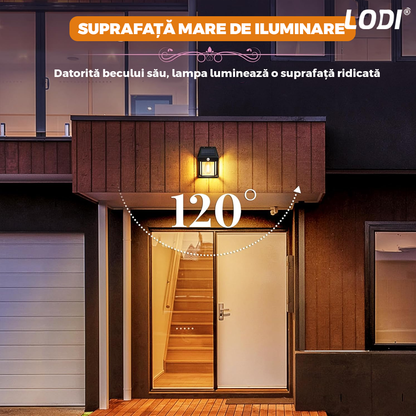 Lampa Solara de Perete LED Tip Felinar Lodi1248, senzor de miscare 5-8 metri, fara fir, 3 moduri de iluminare, protectie IP65, Waterproof, exterior, negru