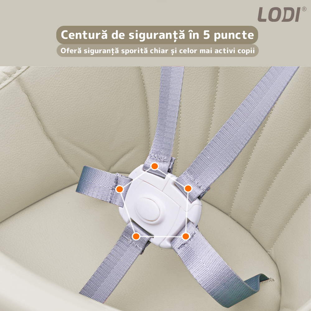 Scaun de Masa 3in1 pentru Bebelusi si Copii Lodi636, inaltime ajustabila, centura de siguranta in 5 puncte, tavita reglabila si detasabila, loc depozitare jucarii, bej