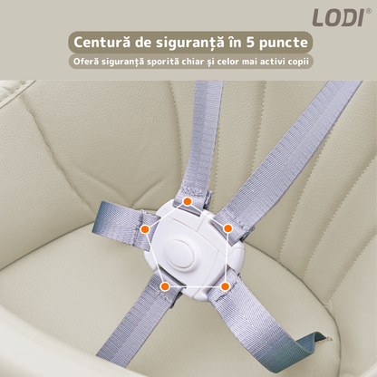 Scaun de Masa 3in1 pentru Bebelusi si Copii Lodi636, inaltime ajustabila, centura de siguranta in 5 puncte, tavita reglabila si detasabila, loc depozitare jucarii, bej