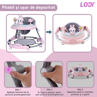 Premergator Multifunctional pentru Bebelusi Lodi29, tava cu 3 jucarii, muzica, reglabil, pliabil, greutate max 20kg, 6-36 luni, roz