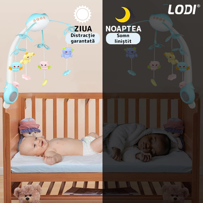Carusel Muzical pentru Patut Lodi525, Bebe, control prin telecomanda, proiector, muzica si lumini, jucarii detasabile, albastru deschis