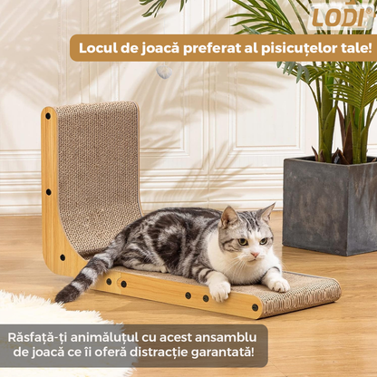 Ansamblu de Joaca pentru Pisici Orizontal si Vertical Lodi1141, model in forma de L, carton pentru zgariat, jucarie interactiva, structura stabila, durabil si non-toxic, 65 cm, maro