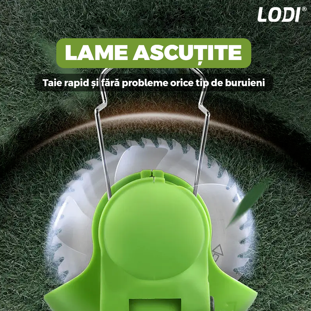 Motocoasa Electrica Lodi1175, acumulator 24V, baston telescopic, 3 tipuri de lame pentru taiere, 18000 RPM, autonomie de 2-3 ore, accesorii incluse, verde