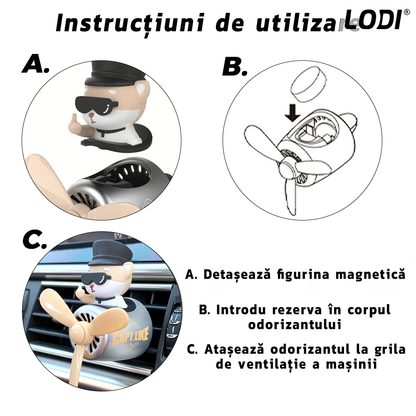 Difuzor Auto Aromaterapie Lodi338 car pilot bear cu palariuta, kit odorizant, 2 arome cu extracte naturale incluse