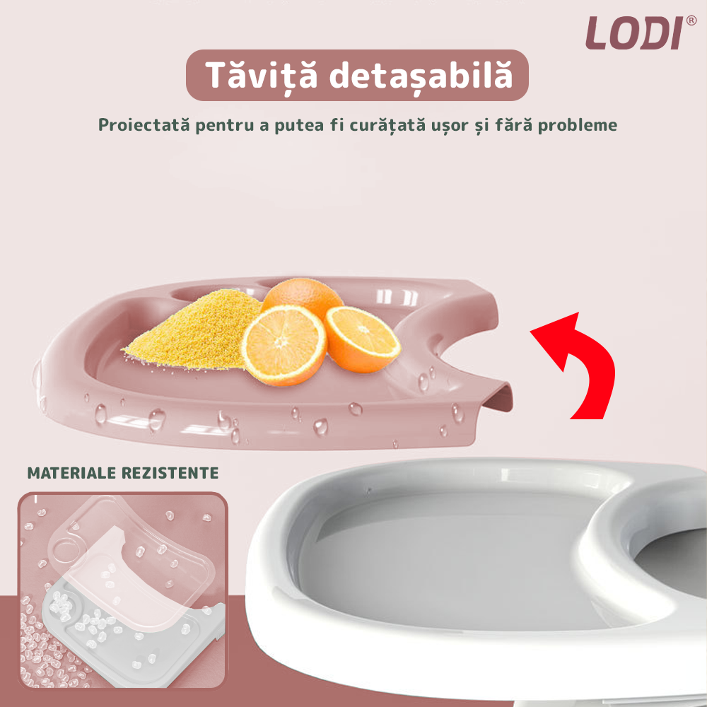 Scaun de Masa 3in1 pentru Bebelusi si Copii Lodi635, inaltime ajustabila, centura de siguranta in 5 puncte, tavita reglabila si detasabila, loc depozitare jucarii, roz pudrat