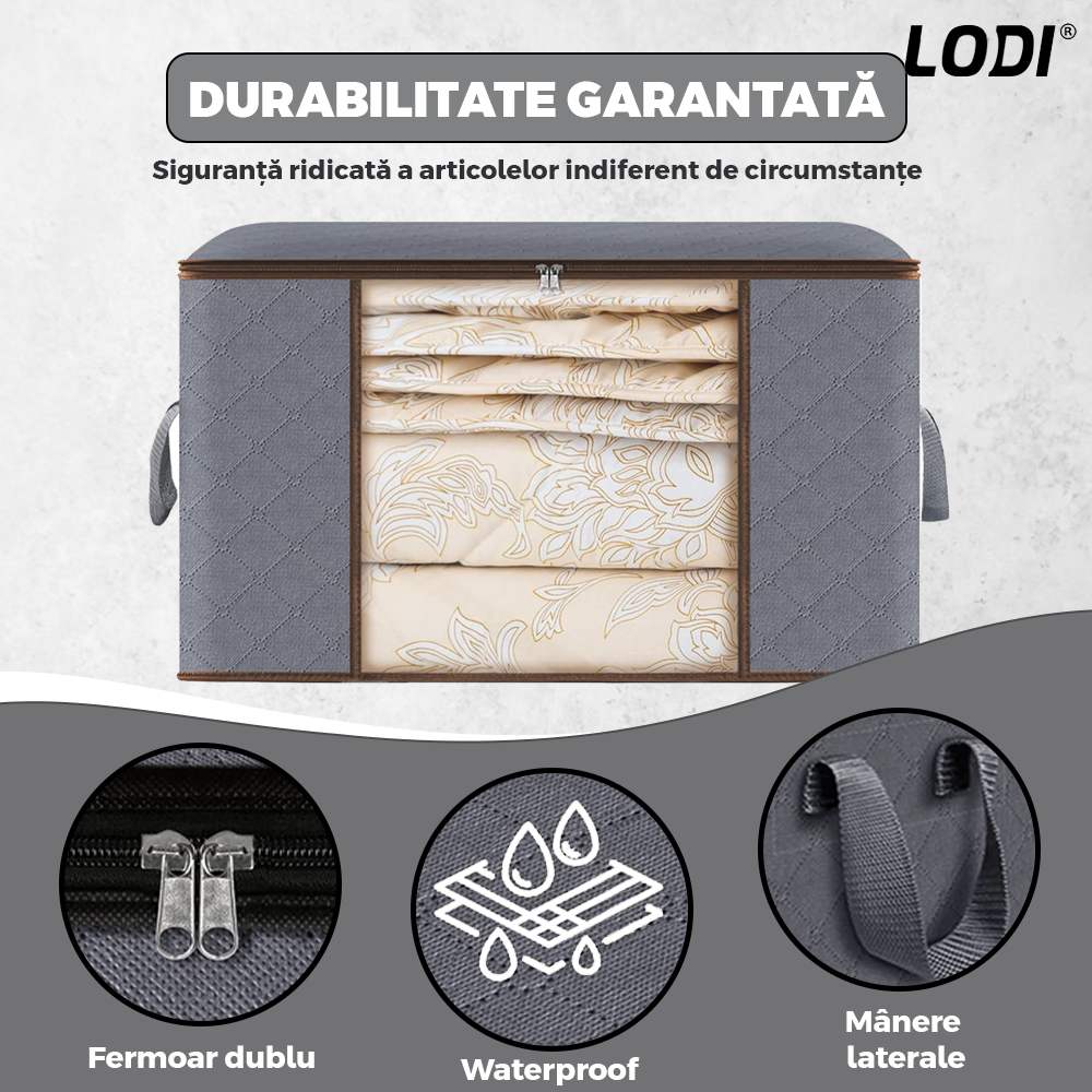 Set 3 Cutii pentru Depozitare si Organizare Mari Lodi1038, pliabile, maner ranforsat si fereastra transparenta, pentru haine/paturi/ plapumi/ perne/ lenjerii de pat/jucarii, 105 L,  70x50x30 cm, gri deschis