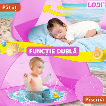 Cort Portabil de Vara pentru Bebelusi Lodi1098, adapost impermeabil pentru plaja, cu piscina, protectie UV si UPF 50+, multifunctional, 117x79x70 cm, roz