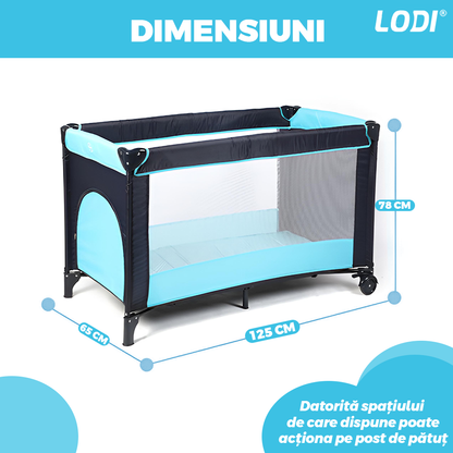 Patut Turistic Pliabil pentru Copii Lodi982, usa cu fermoar exterior, plasa de protectie tantari, materiale calitative, usor de montat, geanta de depozitare, dimensiuni 125x78x65, albastru