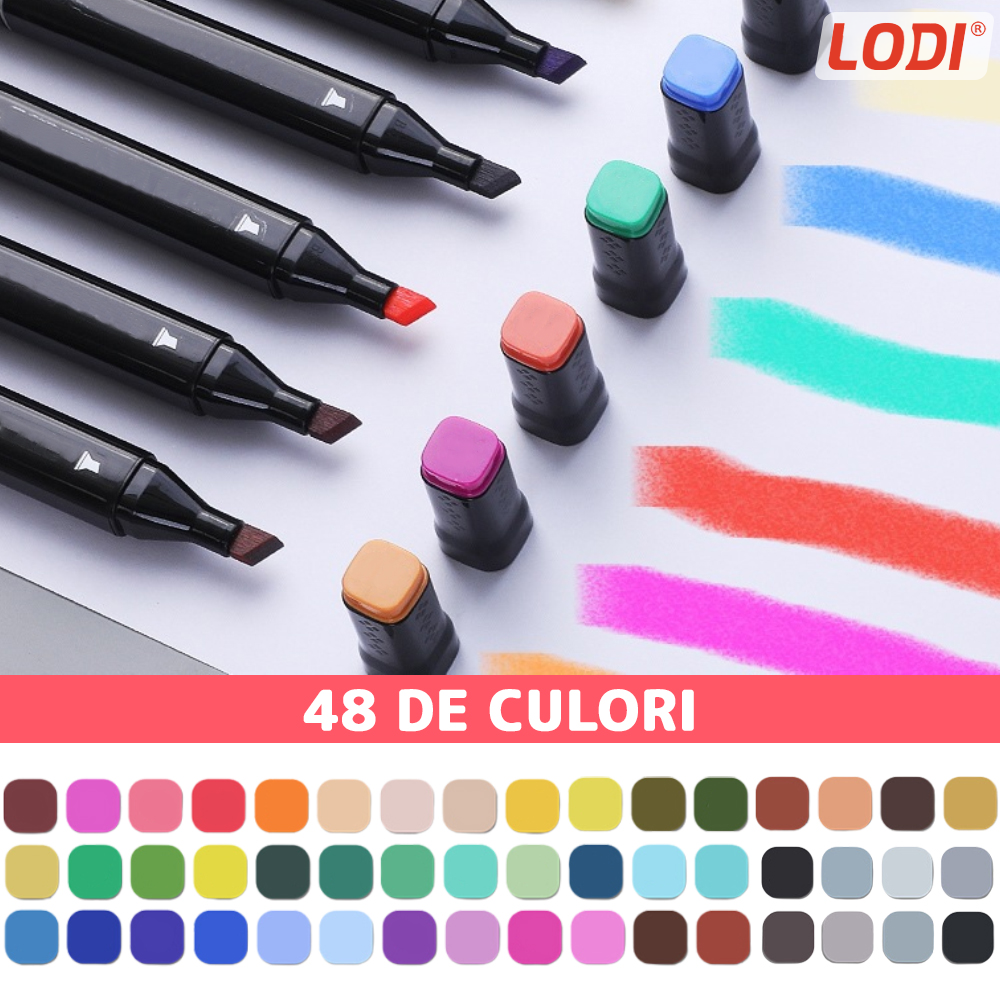 Set 48 Markere Lodi15, geanta de depozitare inclusa, 2 tipuri de varf, pe baza de alcool, culori intense, multicolor