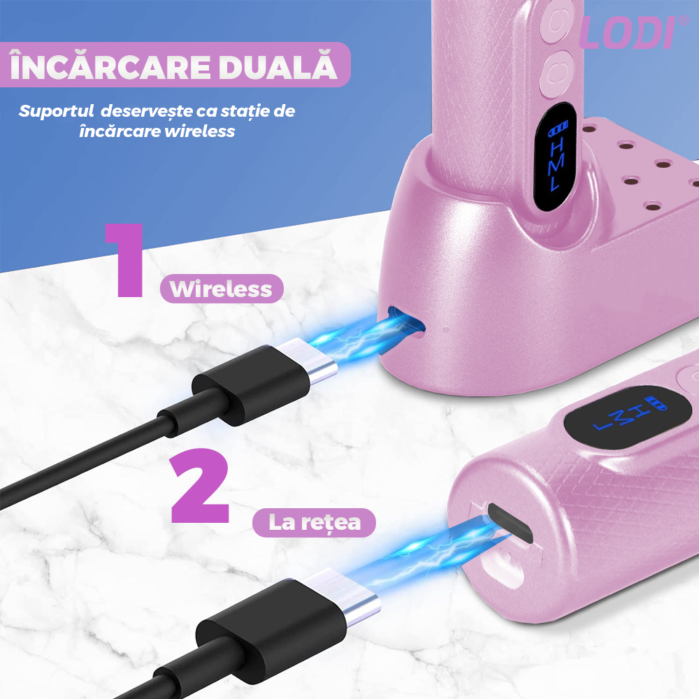 Pila Electrica Profesionala pentru Unghii Lodi1192, freza wireless, 18000 RPM, ecran LED, manichiura-pedichiura, 12 capete pentru pila, 36 benzi de slefurie, portabila, lila