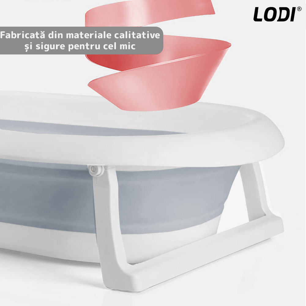 Cadita cu Pernuta pentru Bebelusi Lodi1313, casca de protectie inclusa, termometru digital incorporat, pliabila, dop de scurgere, picioare anti-alunecare, design ergonomic, 75 x 45 x 22 cm, gri cu stelute
